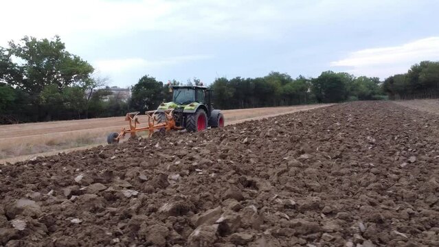Trenching earthwork with plough furrow at Macerata countryside Italy 