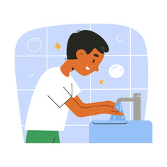 Cute hispanic preschool child, boy washes hands, uses soap, foam bubbles, rinses hands with water from faucet tap in the bathroom, childrens hygiene routines illustrated, flat vector illustration