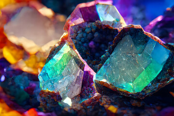 gem crystal geode multicolored stones, neural network generated art. - obrazy, fototapety, plakaty