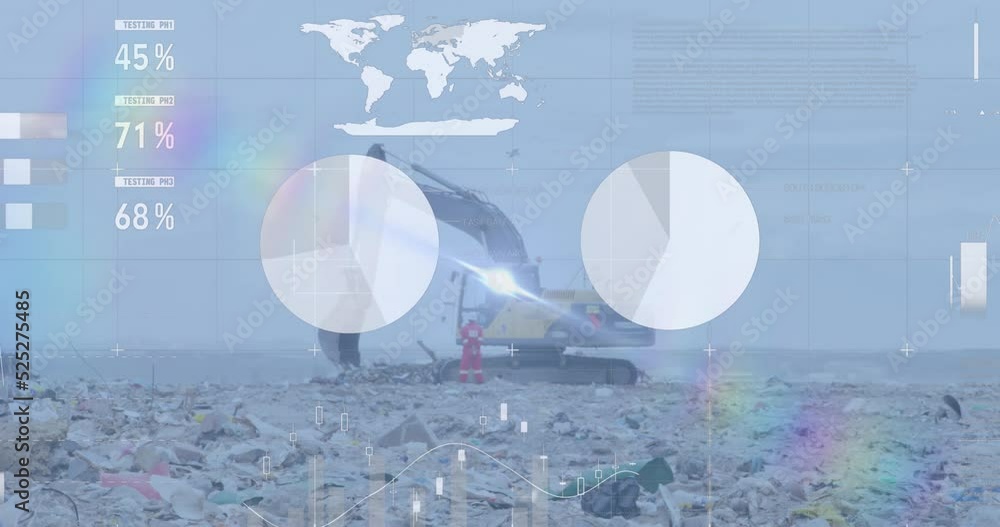 Poster animation of multiple graphs and data moving over bulldozer and garbage at landfill