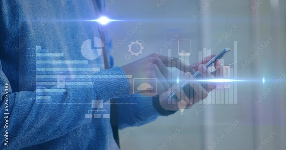 Poster animation of flare with graphs and computer icons over midsection of man using smartphone