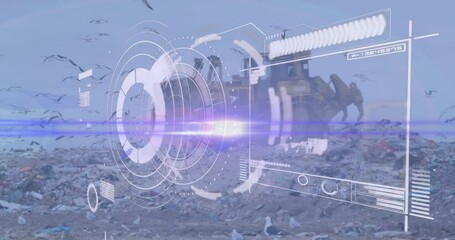 Animation of scanning interface screen over birds flying around bulldozer and garbage at landfill - Powered by Adobe