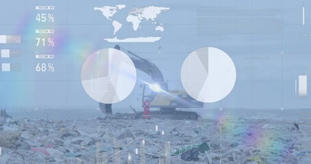 Animation of multiple graphs and data moving over bulldozer and garbage at landfill - Powered by Adobe