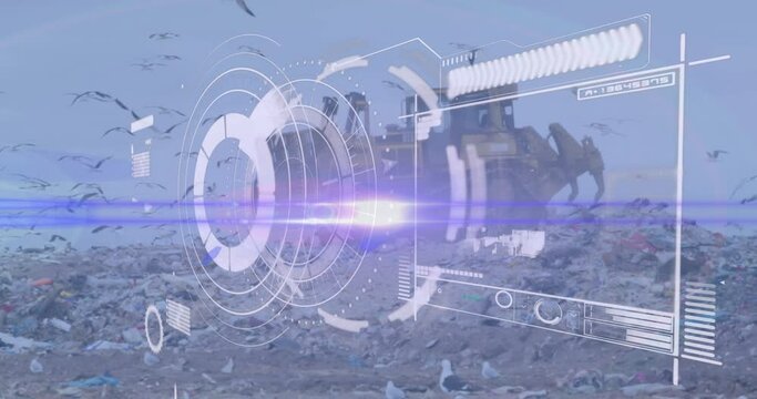 Animation of scanning interface screen over birds flying around bulldozer and garbage at landfill