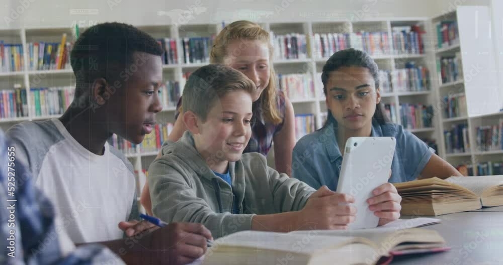 Poster animation of multiracial students studying with digital tablet in library over pie chart and codes