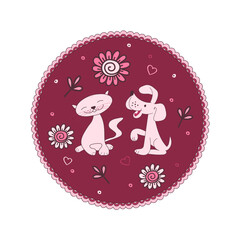 Smiling cat and happy dog on red background with flowers and hearts. Round shape vector illustration isolated on white background.