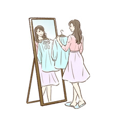姿見の前で服を合わせる若い女性＿背景なし