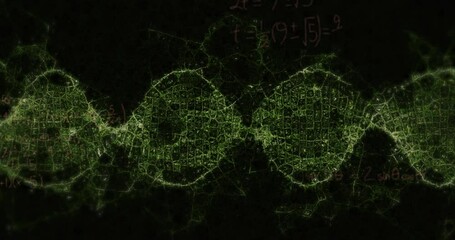 Animation of dna helix with mathematics formulas and geometry angles over black background - Powered by Adobe