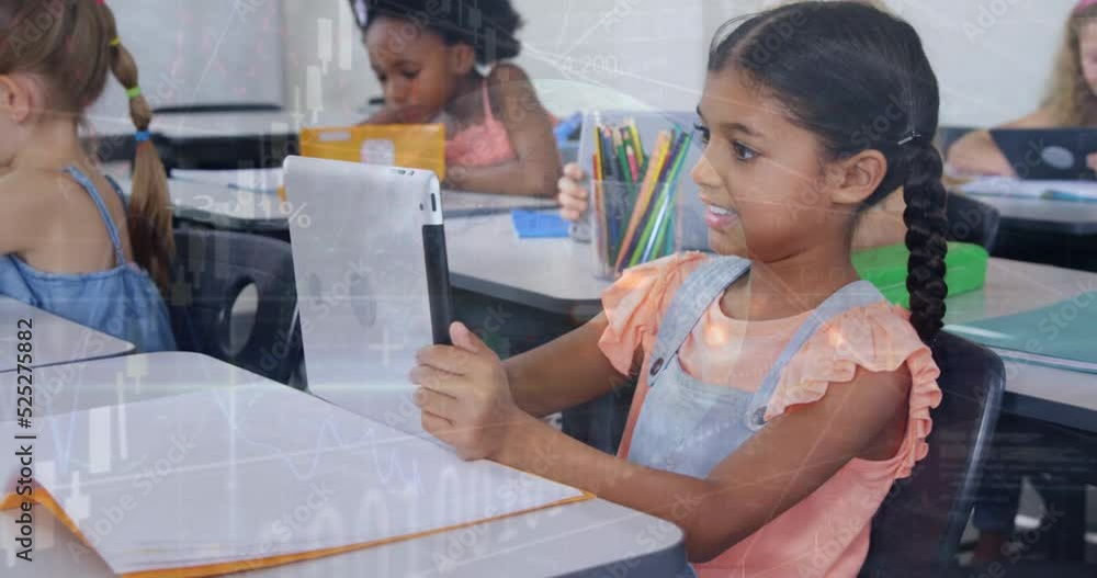 Poster animation of multiracial girl using tablet with students in classroom over globe and graphs