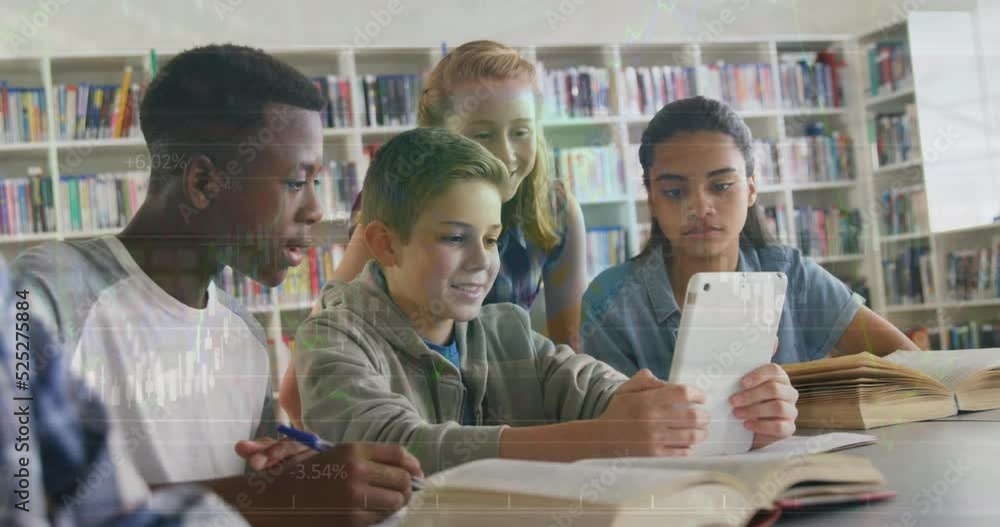 Wall mural Animation of multiracial students studying over digital tablet over trading board and graphs