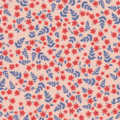Simple vintage pattern. small red  flowers, blue leaves. light pink  background. Fashionable print for textiles and wallpaper.