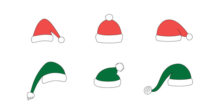 Christmas Santa hats set for photo prop box. Vector stock illustration isolated on white background for photobooth winter holiday industry. 