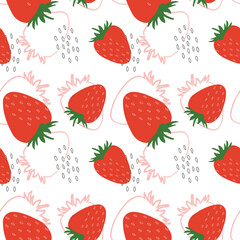 Strawberry seamless pattern. Red berries with leaves and abstract shapes repeating on white background. Modern fruit design for typography, textiles or packaging. Vector illustration. 