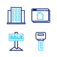 Set line House key, Hanging sign with Sale, Online real estate house and icon. Vector