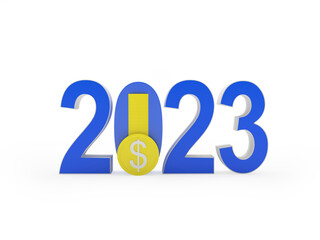 Blue number 2023 New Year with dollar coin. 3D illustration