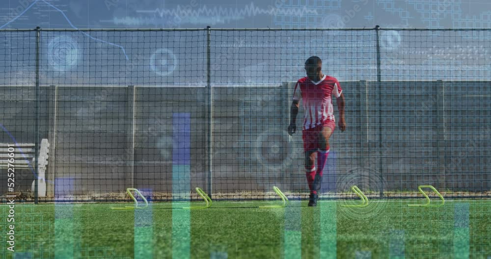 Poster animation of bar graph and abstract patterns over players jumping on playground