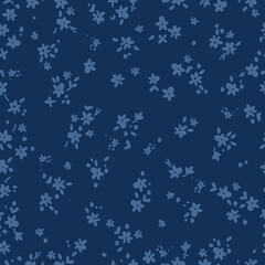 Simple vintage pattern. small blue flowers and leaves. dark blue  background. Fashionable print for textiles and wallpaper.