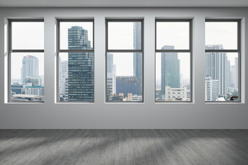 Naklejka na ściany i meble Empty room Interior Skyscrapers View Bangkok. Downtown City Skyline Buildings from High Rise Window. Beautiful Expensive Real Estate overlooking. Day time. 3d rendering.