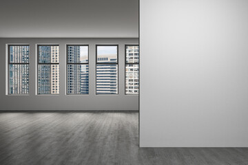 Downtown Chicago City Skyline Buildings Window background. Copy space white wall. Empty room Interior Skyscrapers View. Mockup concept. Day time. 3d rendering.