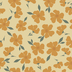 Simple vintage pattern. mustard  flowers, green leaves. yellow background. Fashionable print for textiles and wallpaper.