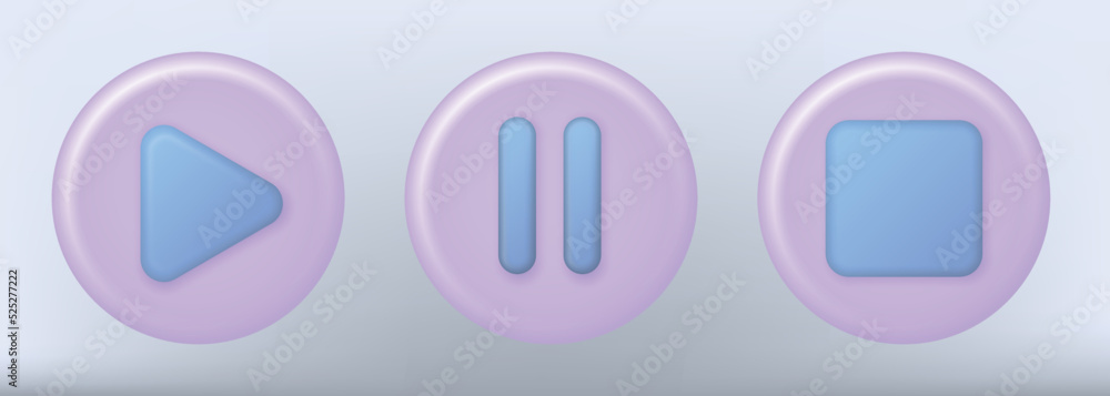 Poster 3d media player button icon rendering vector illustration play video, pause, stop, audio interface s