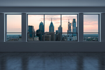 Empty room Interior Skyscrapers View Cityscape. Downtown Philadelphia City Skyline Buildings from High Rise Window. Beautiful Real Estate. Sunset. 3d rendering.