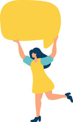 Young flat vector woman holding yellow speech bubble. Concept of announcement, advertising, promotion, business, demonstration, empty template illustration