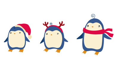 Christmas penguin in new year hats and scarves. Winter penguins set. cartoon cute bird character. Stock vector illustration on a white background.