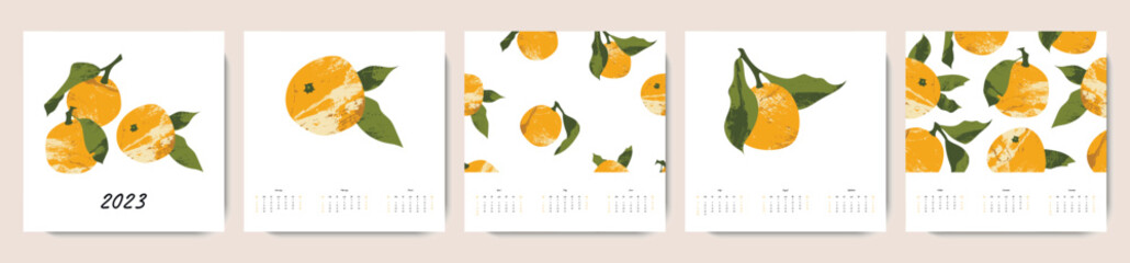 Calendar 2023, 12 months. Week start from Sunday. Event planner, organizer, schedule page design, weekly timetable. Mandarin, tangerine, orange, citrus fruit. Vector flat cartoon illustration - 525277616