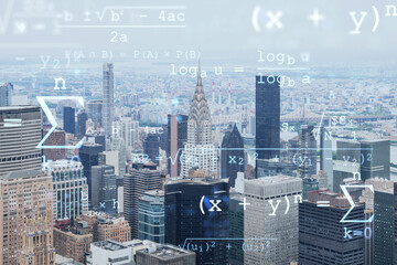 Aerial panoramic city view of Upper Manhattan area, the East Side, river and Brooklyn on horizon, New York, USA. Technologies and education concept. Academic research, top ranking university, hologram