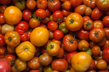 Harvest of homemade ripe tomatoes. Top view