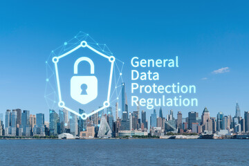 New York City skyline from New Jersey over the Hudson River towards Midtown Manhattan at day time. GDPR hologram, concept of data protection, regulation and privacy for all individuals
