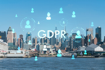 New York City skyline from New Jersey over the Hudson River towards Midtown Manhattan at day time. GDPR hologram, concept of data protection, regulation and privacy for all individuals