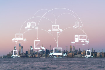 New York City skyline from New Jersey over Hudson River with Hudson Yards skyscrapers, sunset. Manhattan, Midtown. Social media hologram. Concept of networking and establishing new people connections