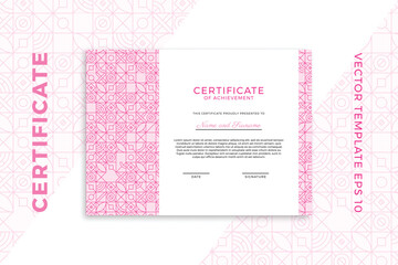 Modern business diploma mockup for graduation or course completion. Elegant pinkish design of certificate of appreciation template with Bauhaus geometric pattern. Trendy vector background EPS 10