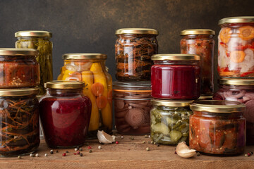 Preserving vegetables for the winter, canned vegetables in jars on a wooden table against a brown wall, pickled or fermented vegetables, copy space