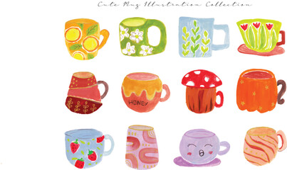 a set of cute hand painted autumn mug gouache watercolor