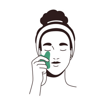 recommend clip art: Woman massaging face with guasha scraper. Young girl applying gua sha jade tool. Female with beauty facial stone massager for skin care. Line-art flat vector illustration isolated on white background