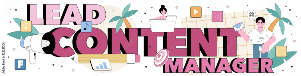 Sticker lead content manager typographic header. idea of digital promotion