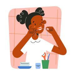 Small african-american girl uses dental floss, toddler cleans teeth, flosses her teeth, stands in the bathroomin front of mirror, oral care illustrated, childrens hygiene routine, vector illustration