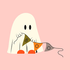 Halloween ghost. Phantom with flags and the inscription boo. Kawaii monster mystical drawing concept. Flat vector illustration isolated with pumpkins and holiday elements. © Irene