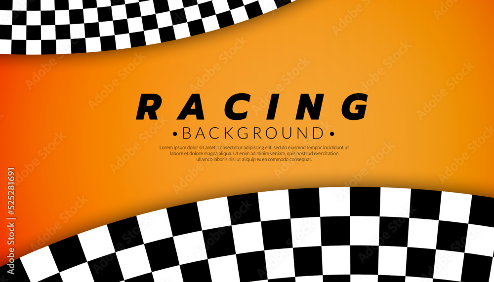 Poster abstract checkered round frame. black racing square frames with chess patterns isolated on orange ba