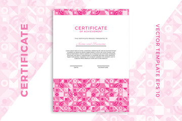 Vertical business diploma mockup for graduation or course completion. Elegant pinkish design of certificate of appreciation template with Bauhaus geometric pattern. Vector background EPS 10