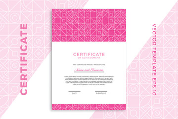 Vertical business diploma mockup for graduation or course completion. Elegant pinkish design of certificate of appreciation template with Bauhaus geometric pattern. Vector background EPS 10