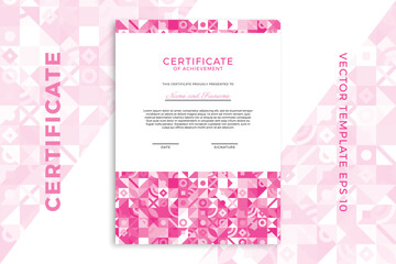 Vertical business diploma mockup for graduation or course completion. Elegant pinkish design of certificate of appreciation template with Bauhaus geometric pattern. Vector background EPS 10
