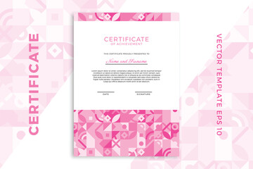 Vertical business diploma mockup for graduation or course completion. Elegant pinkish design of certificate of appreciation template with Bauhaus geometric pattern. Vector background EPS 10