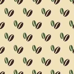 Coffee beans seamless pattern. Coffee background in retro color. Coffee shop design for print on wrapping paper, wallpaper, packaging, menu. Vector illustration