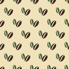 Coffee beans seamless pattern. Coffee background in retro color. Coffee shop design for print on wrapping paper, wallpaper, packaging, menu. Vector illustration