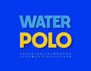 Vector activity sign Water Polo. Blue stylish Font. Modern sticker style Alphabet Letters and Numbers set