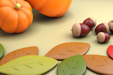 ドングリとカボチャの秋イメージ　Autumn concept of acorn and pumpkin, 3d rendering.